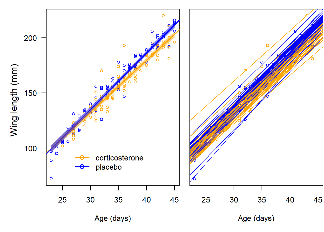*Left*: Population regression lines (bold lines) with 95% compatibility intervals (semitransparent color) for the corticosterone (orange) and placebo (blue) treated barn owl nestlings. *Right*: Individual-specific regression lines. Circles are the raw data.